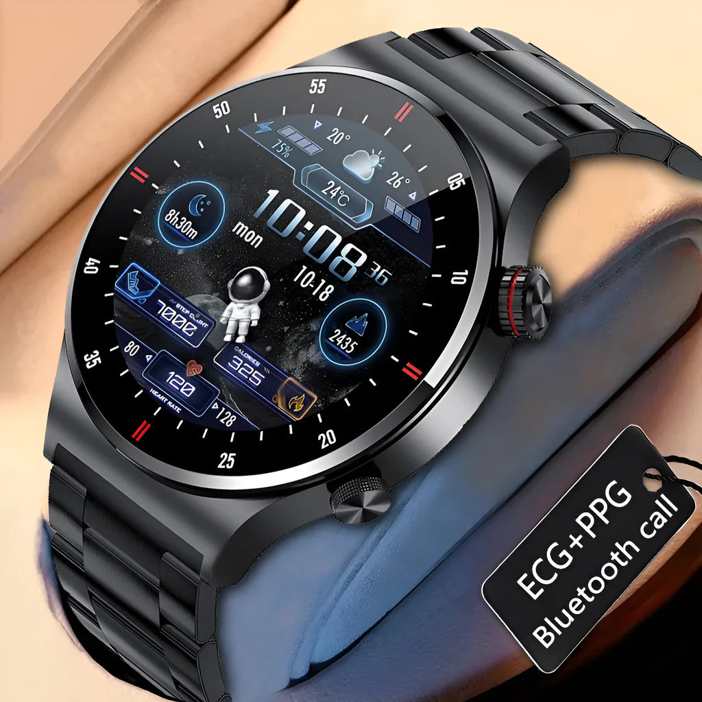 QW33 smart watch with black steel belt showing heart rate monitoring on 1.3-inch screen