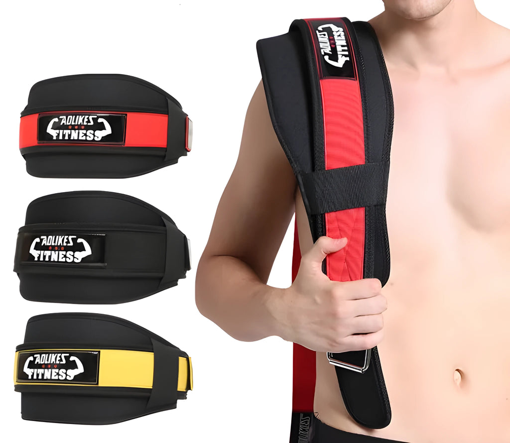 Nylon fitness weightlifting waistband in black, red, or yellow colours on a plain background.
