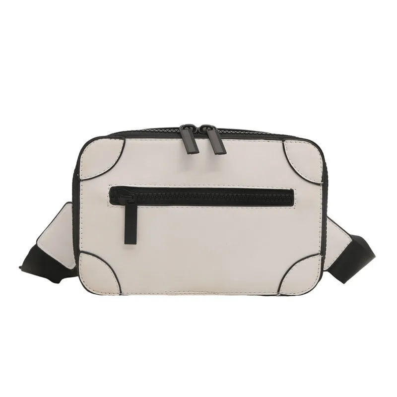 Women's black PU leather square crossbody bag with adjustable strap and outer pocket.