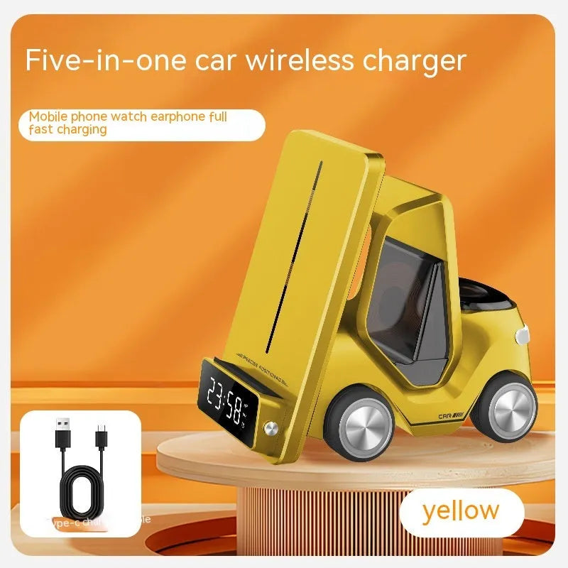 Grey 3-in-1 wireless charging bracket holding a phone, smartwatch, and earbud case on a desk.
