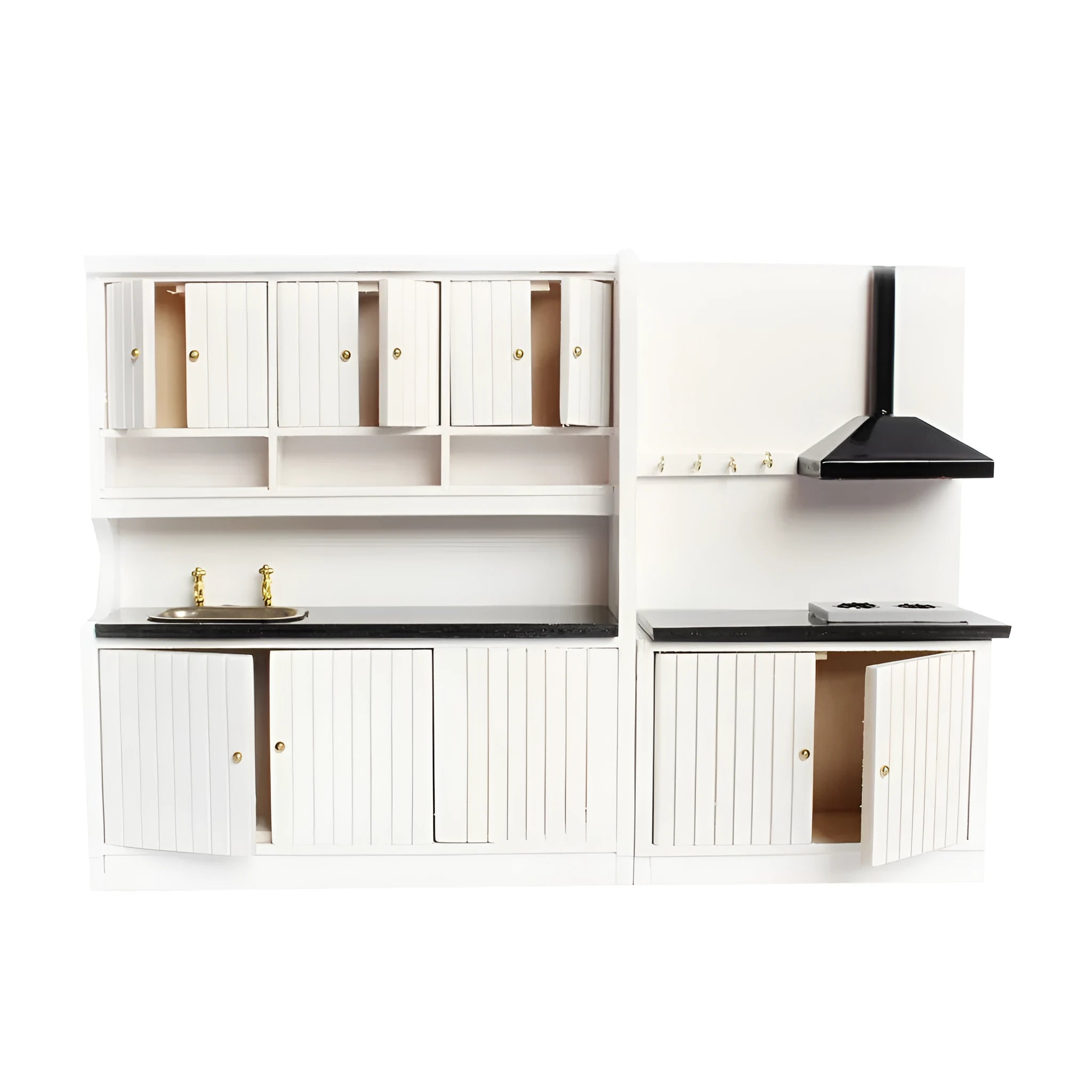 White birch dollhouse kitchen cabinets with working doors and metal handles, sink and stove units