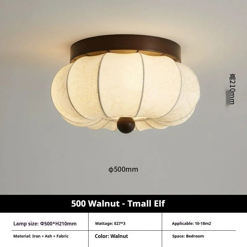 Mid-ancient French retro fabric ceiling lamp with ash wood frame in walnut colour on a ceiling