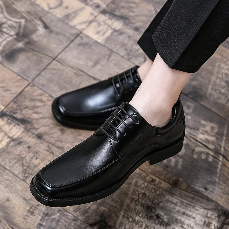 Men's black square toe business casual shoes with artificial PU leather upper and rubber sole