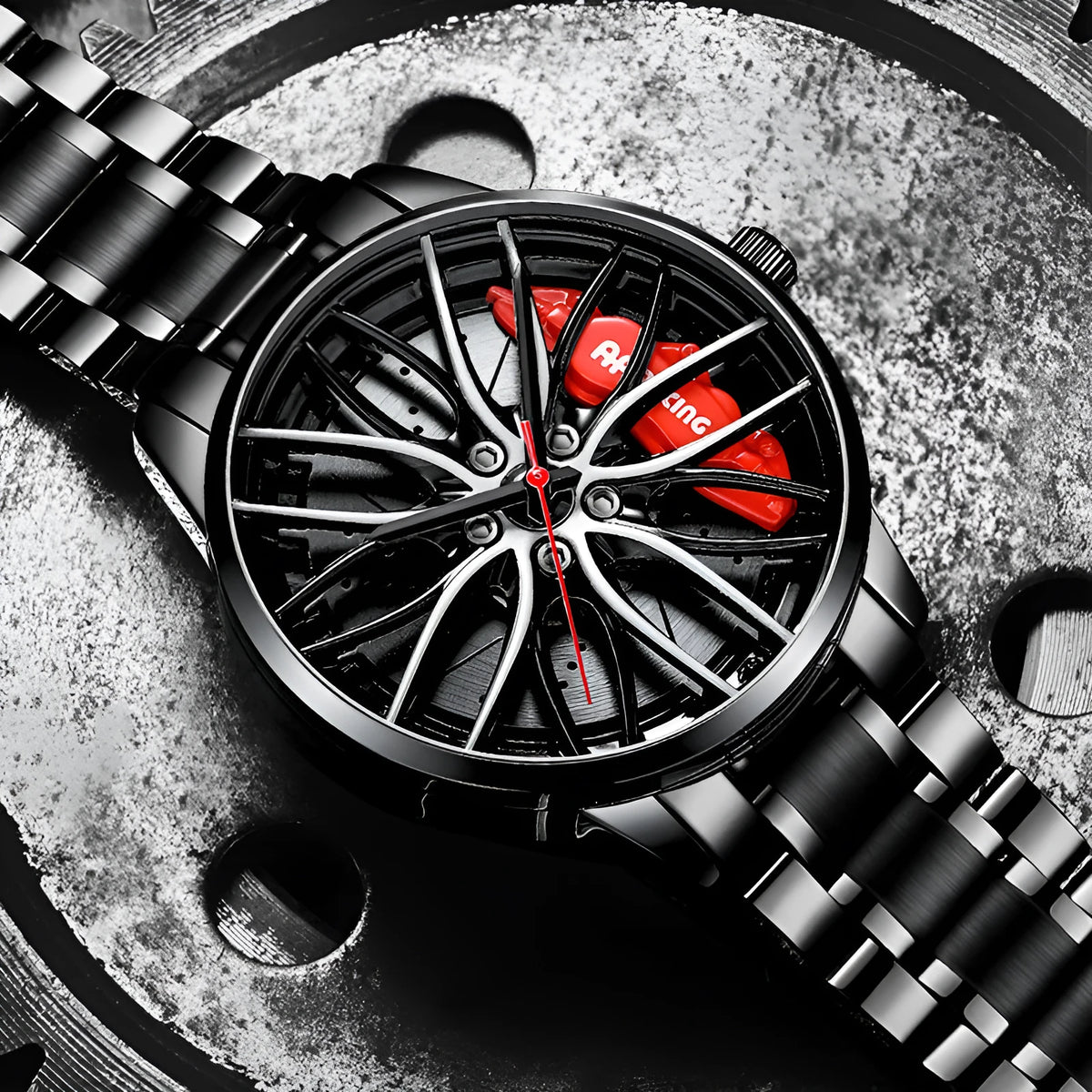 Skeleton Forged Caliper AMG488 men's watch with hollow dial, luminous pointer, alloy case, and stainless steel strap