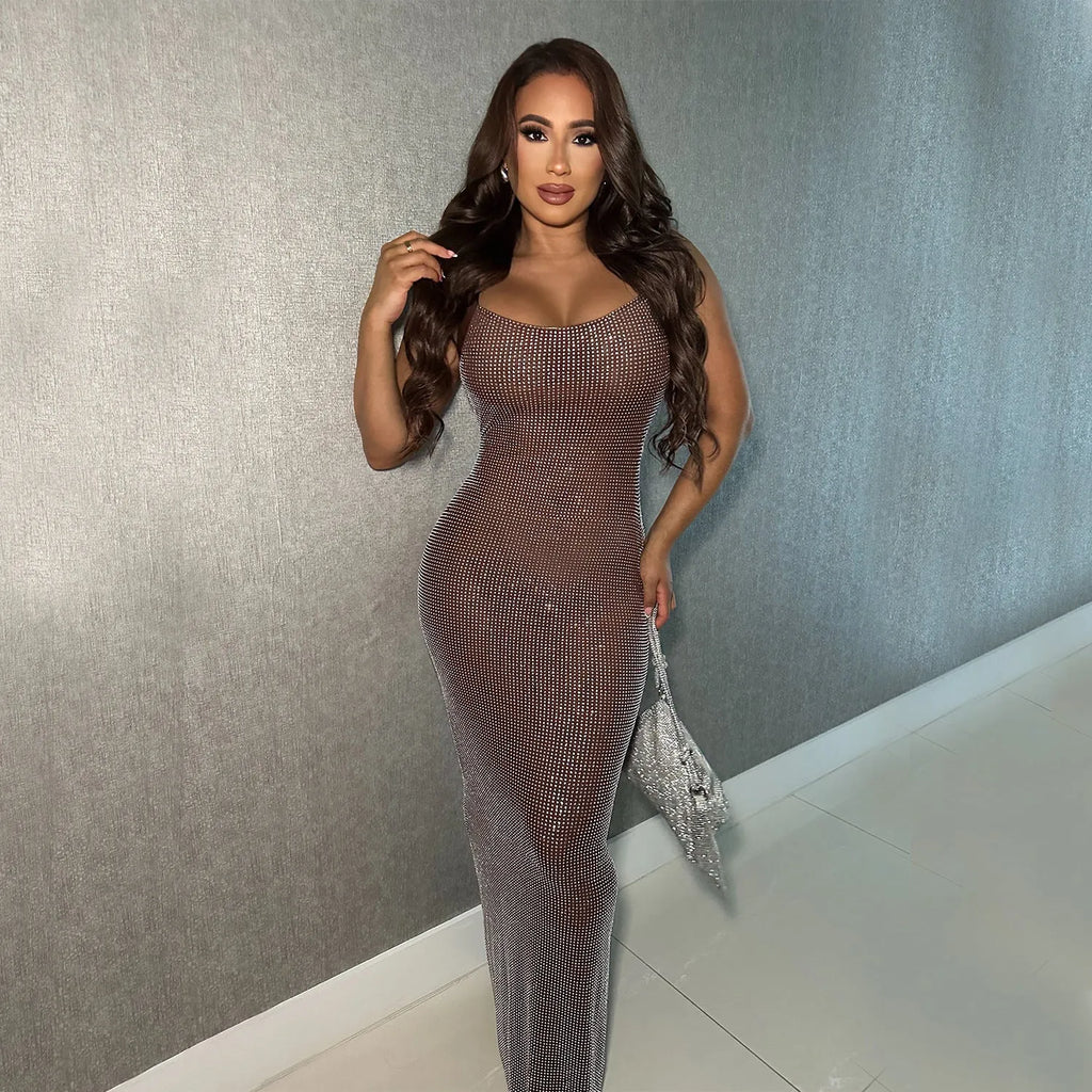 Wear Sexy mesh backless bodycon dress with hot drilling details, long skirt, black colour