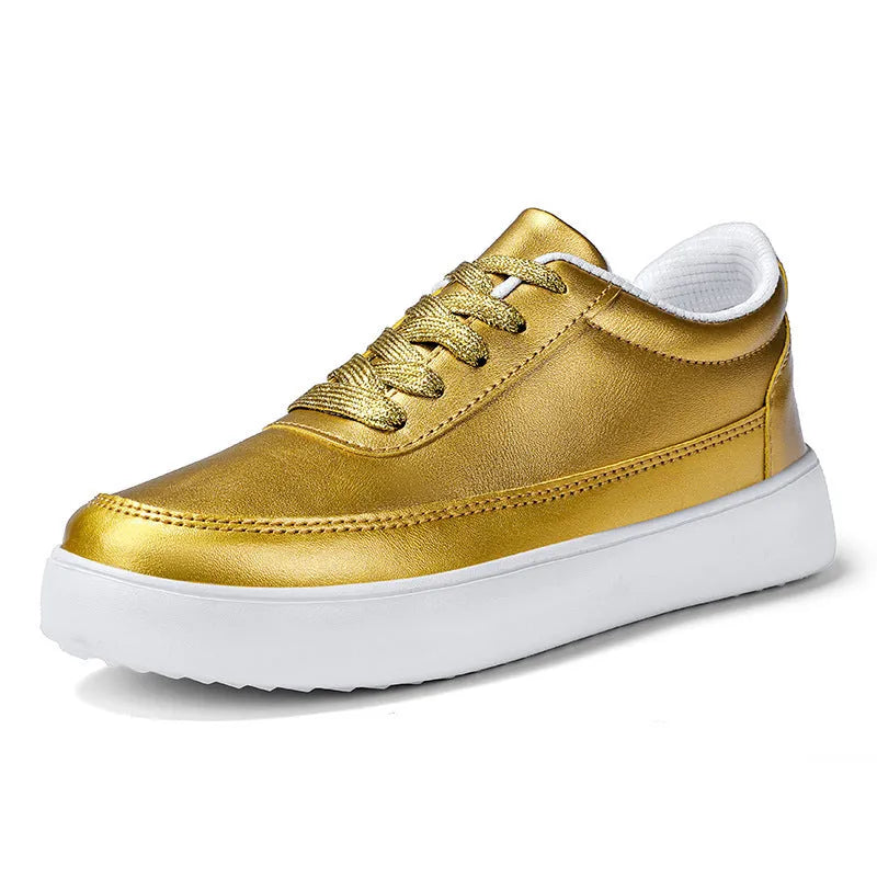Women's leather flat casual shoes with front lace-up in white, silver, or gold colours