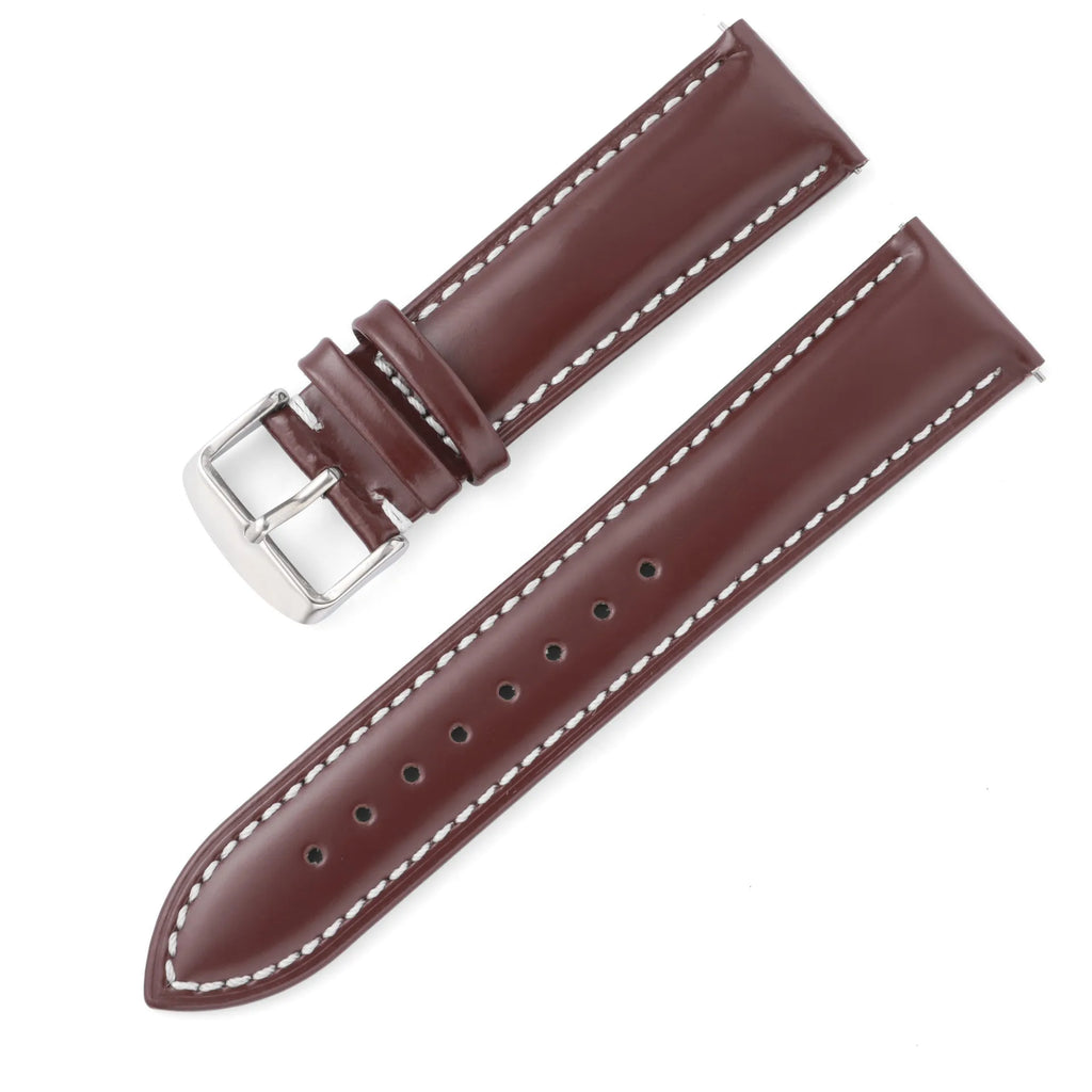Quick release cowhide leather watch strap shown in black with red cord accents and a 22mm width.