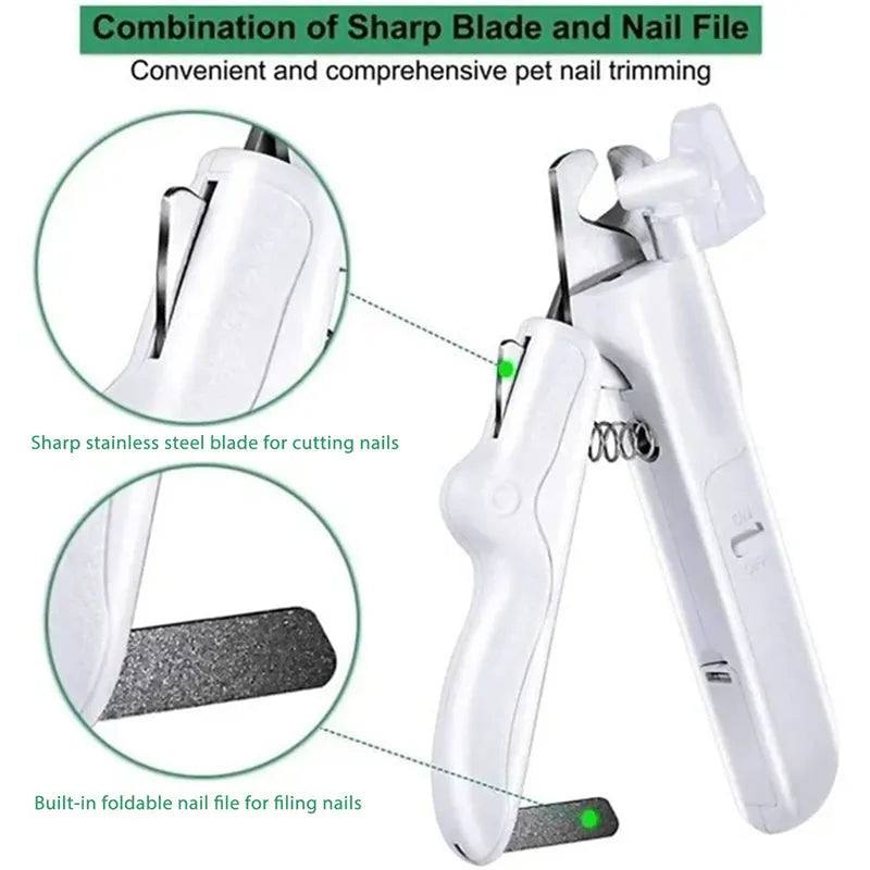 Pet nail clipper with LED light, stainless steel blades, nail file, nail collector and non-slip handle in white, pink, green or yellow