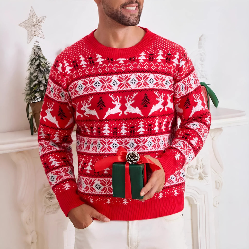 Men's loose jacquard Christmas sweater in red with round neck and long sleeves