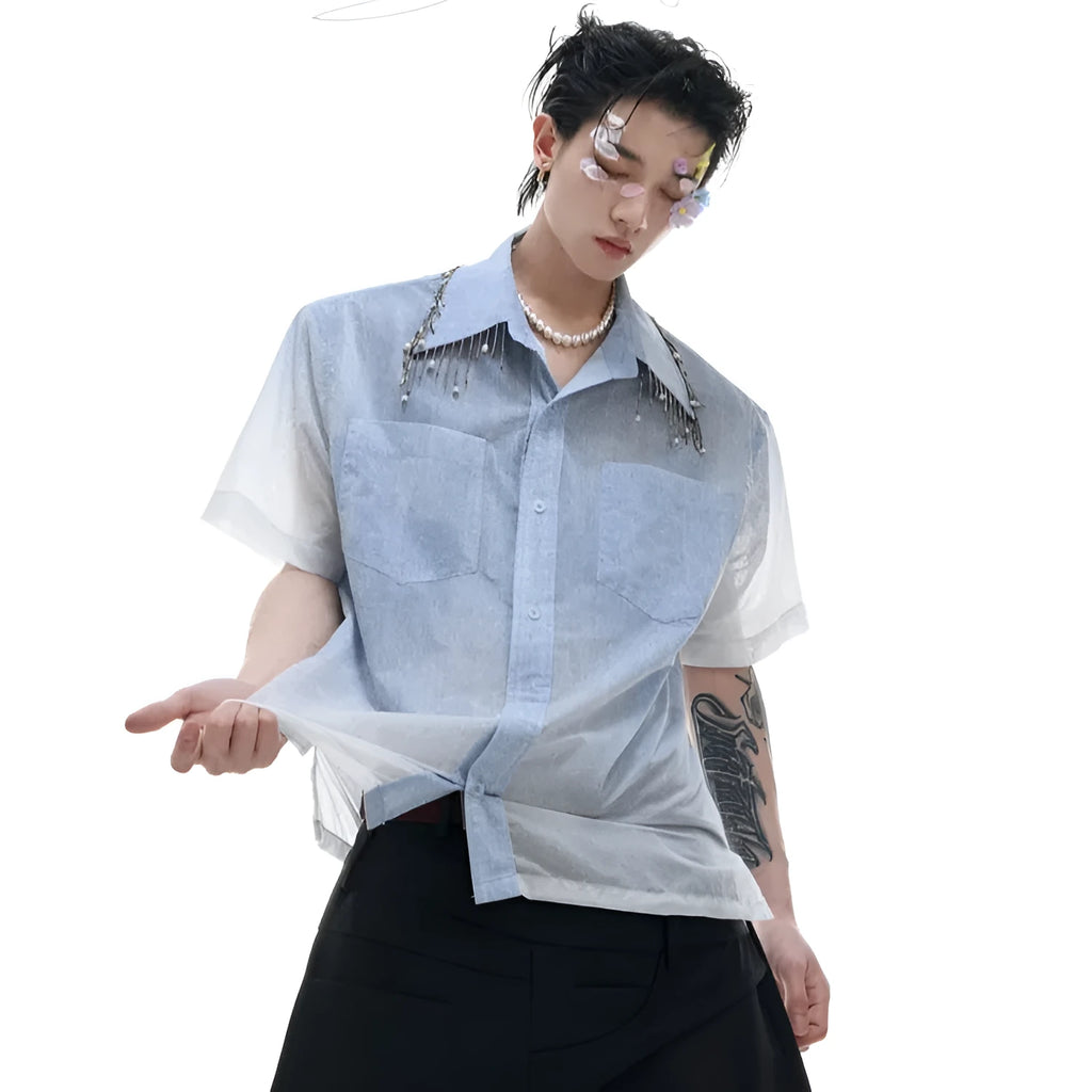 Blue loose fit short sleeve casual shirt on a hanger.