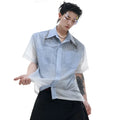 Blue loose fit short sleeve casual shirt on a hanger.