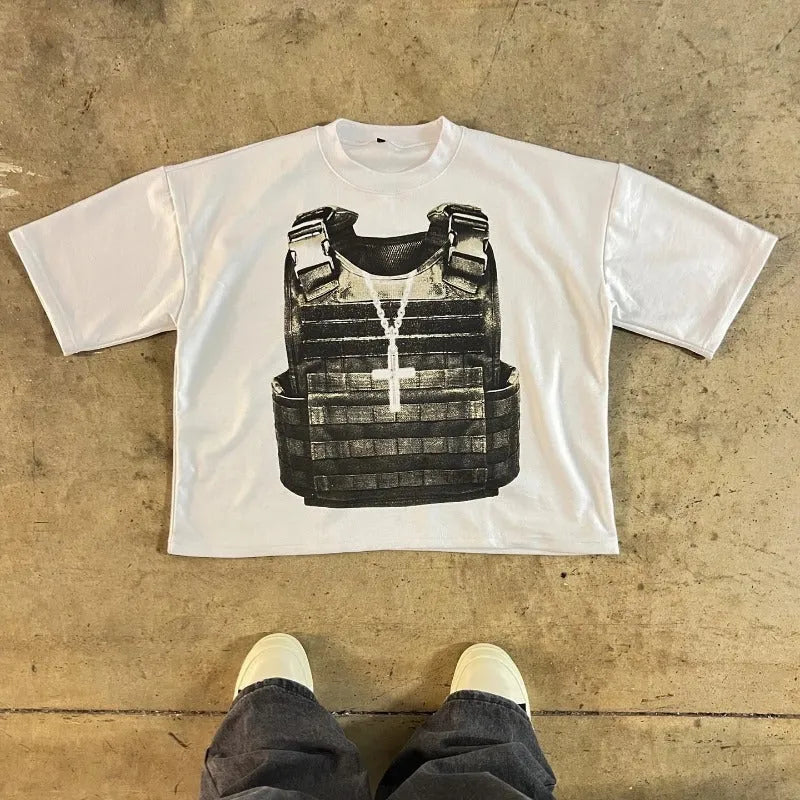 Printed cotton short sleeve t-shirt with drop-shoulder sleeves in a retro street style