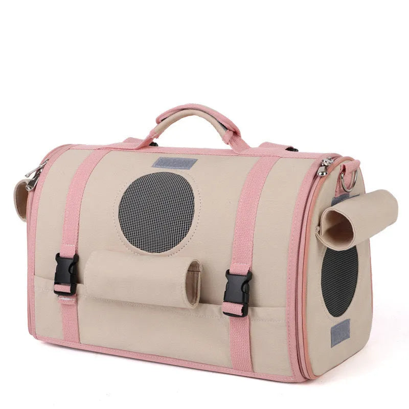 Canvas pet backpack for cats and dogs in beige or green, large and small sizes available
