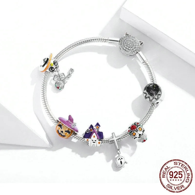 Purple Halloween haunted house metal loose bead, 1.2cm x 1cm, with heart element for jewellery making