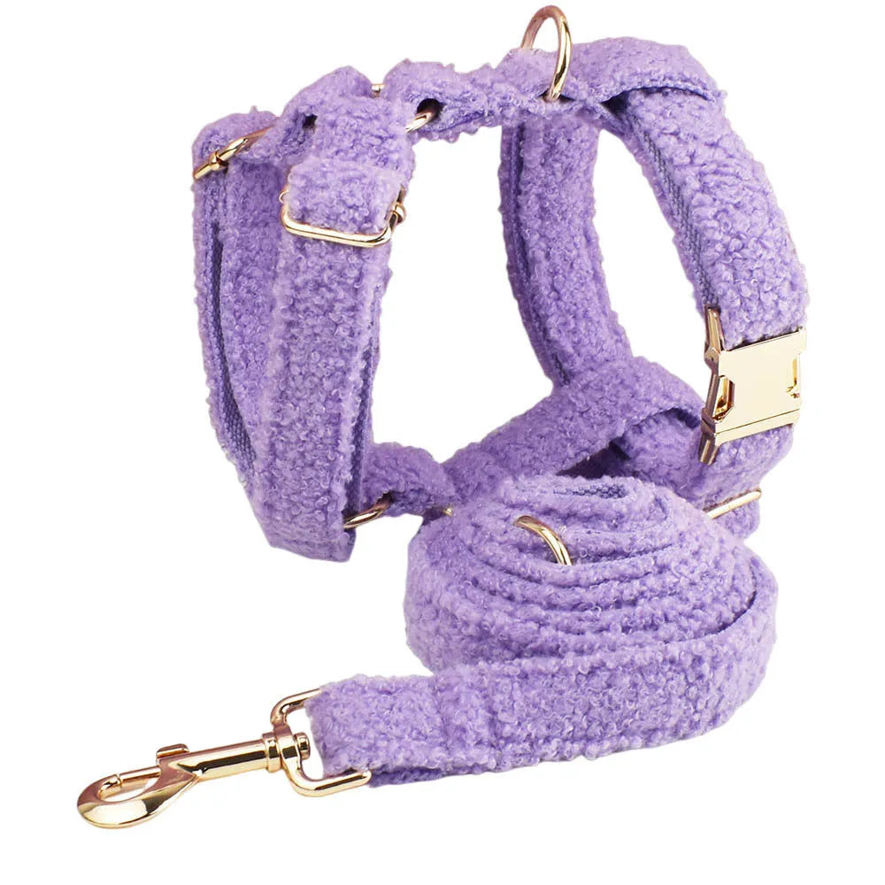 Purple dog collar, leash, vest and bow set for small pets in five size options
