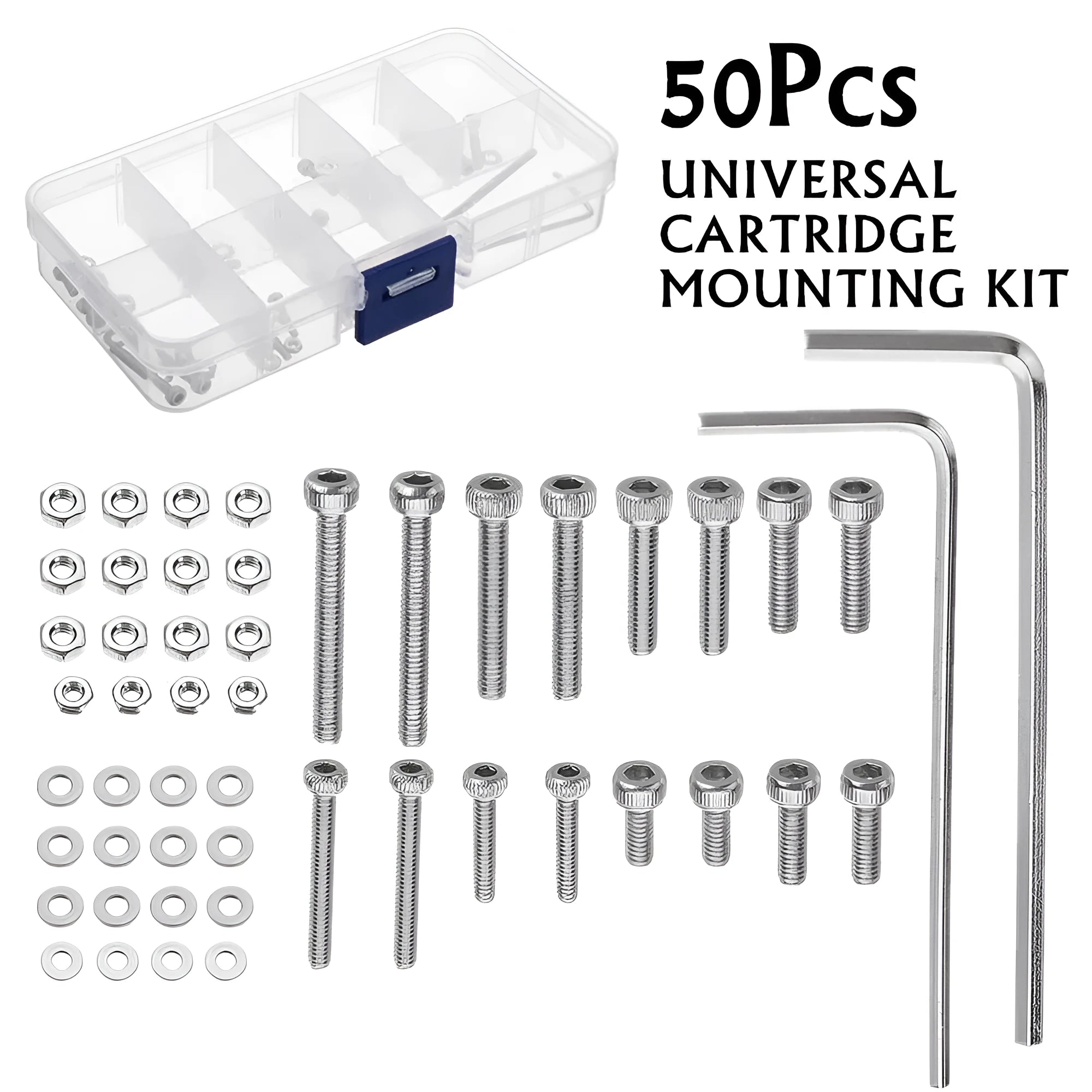 Stainless steel turntable cartridge mounting kit with allen bolts, nuts, washers, and two allen keys.