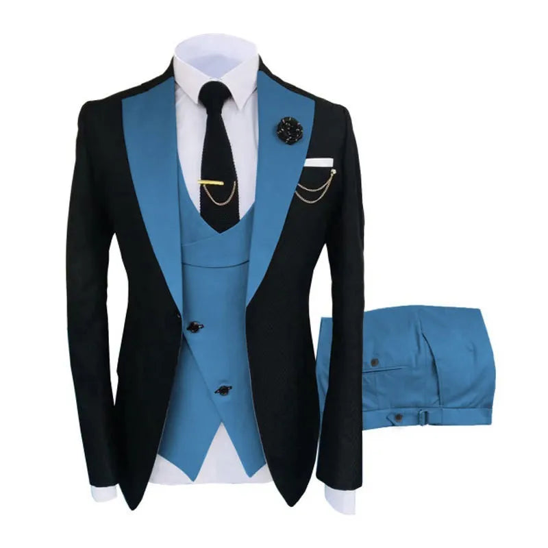 Men's slim fit three-piece cotton suit in black with coat, vest, and trousers