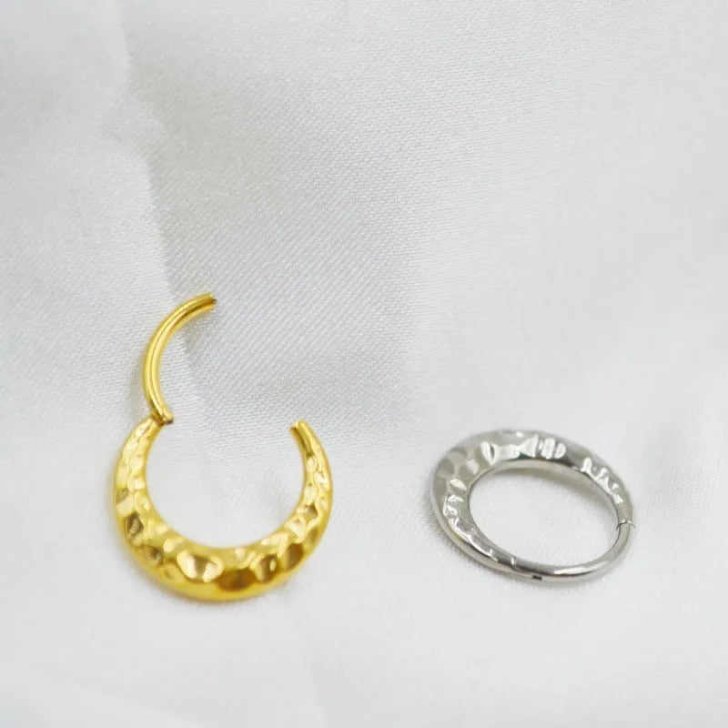 Titanium alloy concave-convex nose ring with carving detail in gold or silver colour, 1.2mm diameter