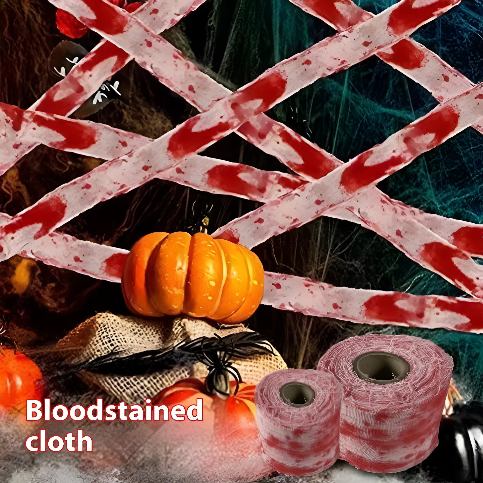 Roll of 8cm wide bloody red Halloween bandage gauze for horror decoration next to a white variant.