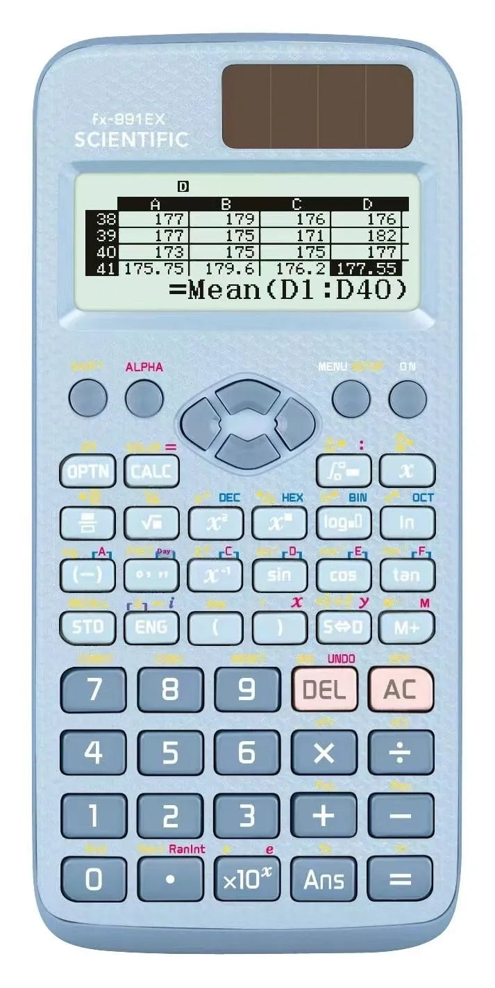 991EX scientific calculator in black, blue, and pink colours showing solar panel and keypad.