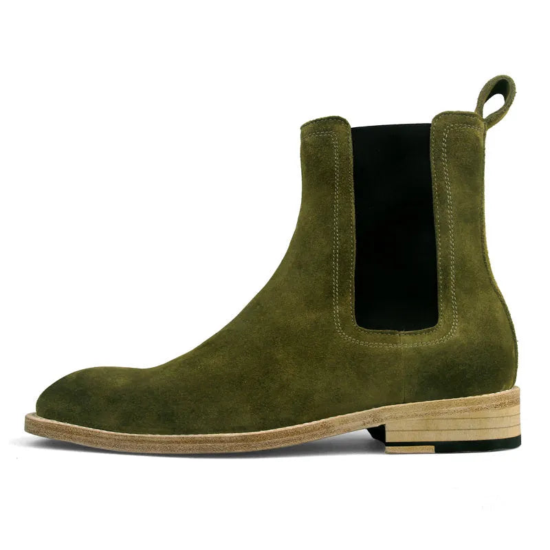 Handmade men's genuine cow suede retro boots with round toe and medium tube height