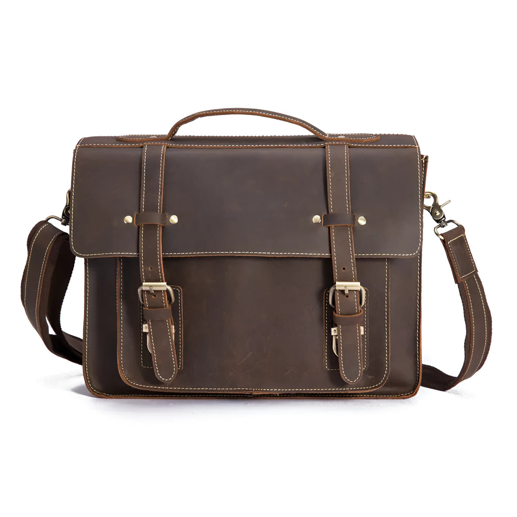 Men's first layer crazy horse leather handbag in dark brown, 36cm x 9cm x 27cm shoulder messenger bag