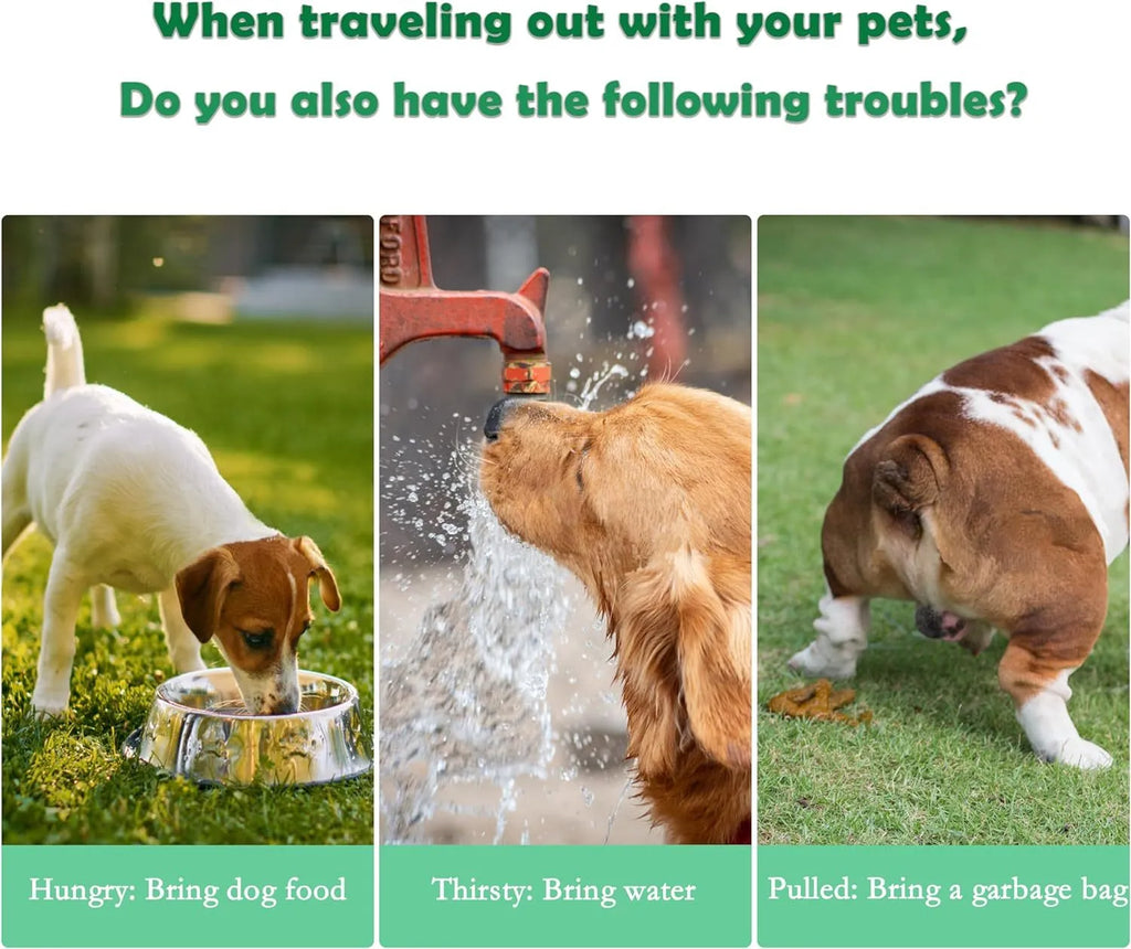 Green 3-in-1 portable pet water bottle with food container and waste bag dispenser held by hand.