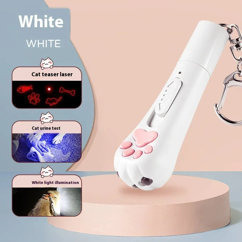 Pink USB-rechargeable cat teaser wand with feather, showing light and vibration functions for interactive play.