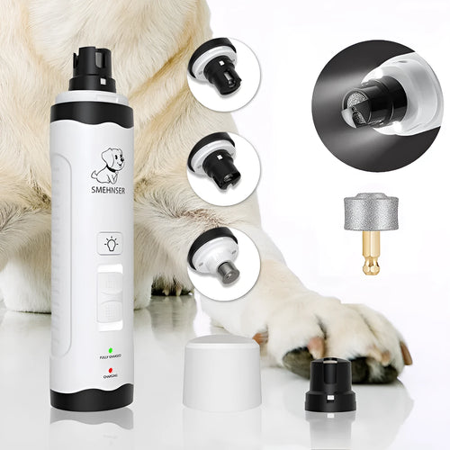 Automatic electric nail grinder for dogs with LED display and dust collection compartment.