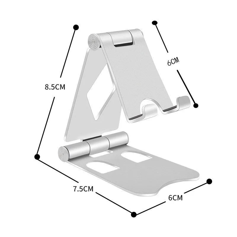 Aluminium alloy mobile desktop stand folding bracket in silver on a desk with a smartphone