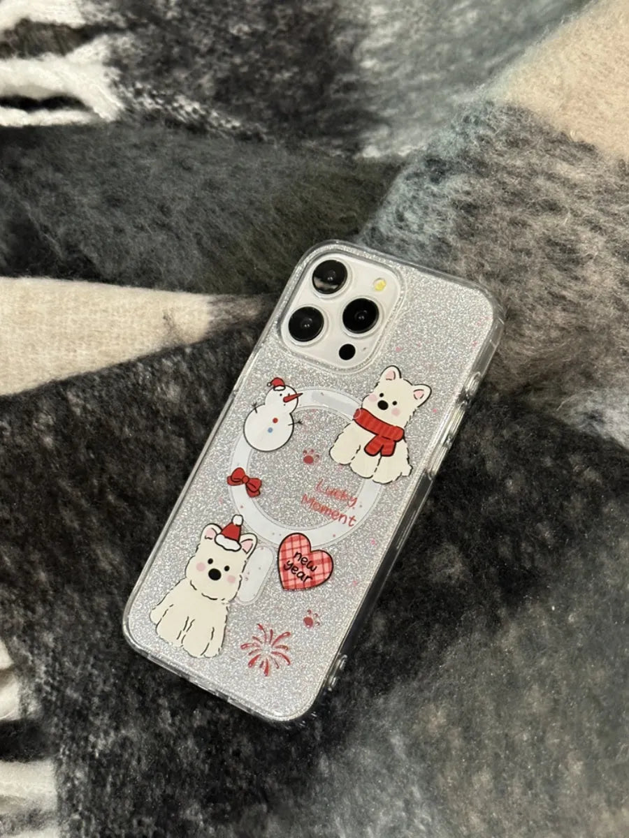 Cartoon red scarf dog magnetic silicone phone case for iPhone with glitter fireworks print