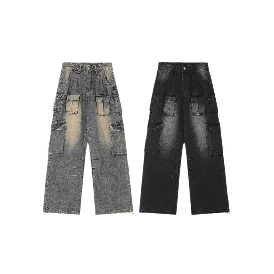 Men's light blue loose fit distressed denim jeans with multiple pockets in straight leg street style