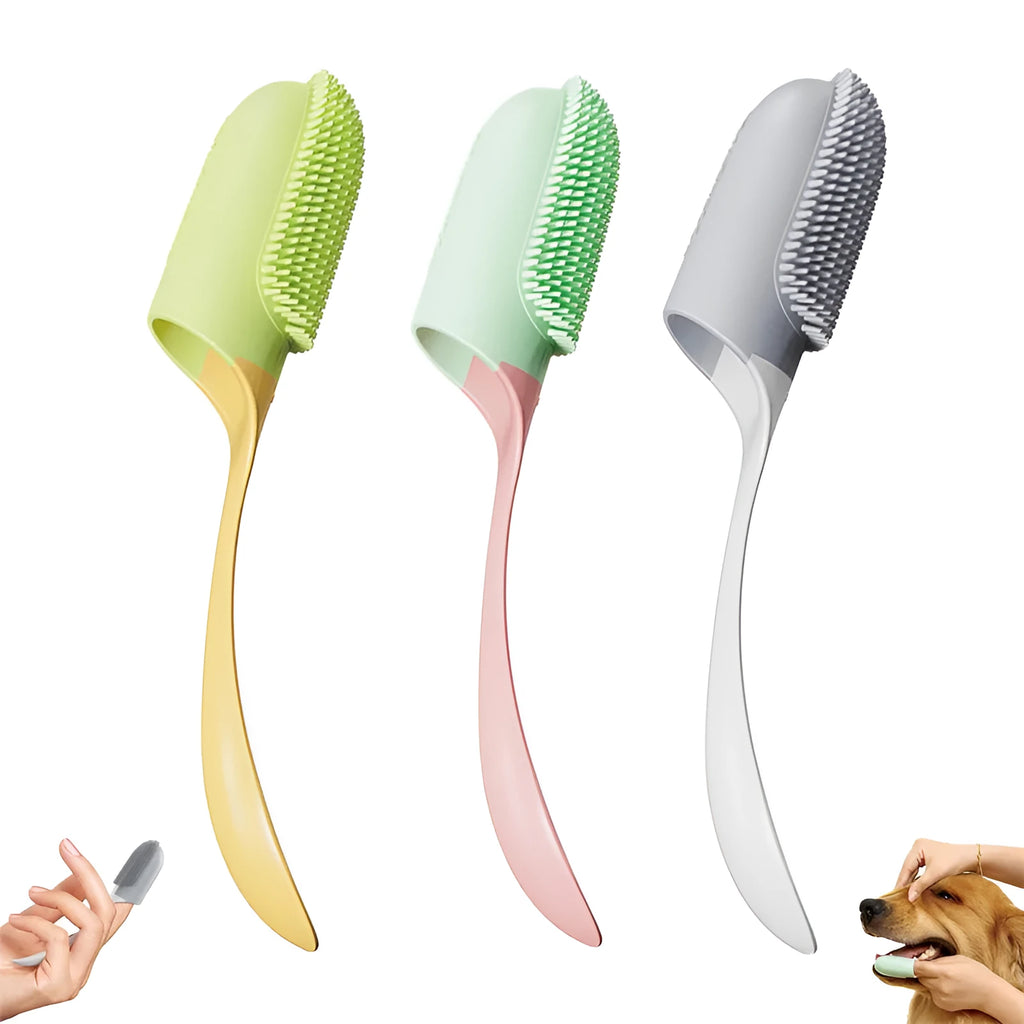 Pink reusable finger toothbrush for dogs and cats, with PP+TPR soft bristles, on white background
