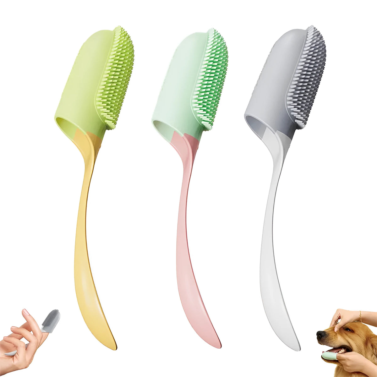 Pink reusable finger toothbrush for dogs and cats, with PP+TPR soft bristles, on white background