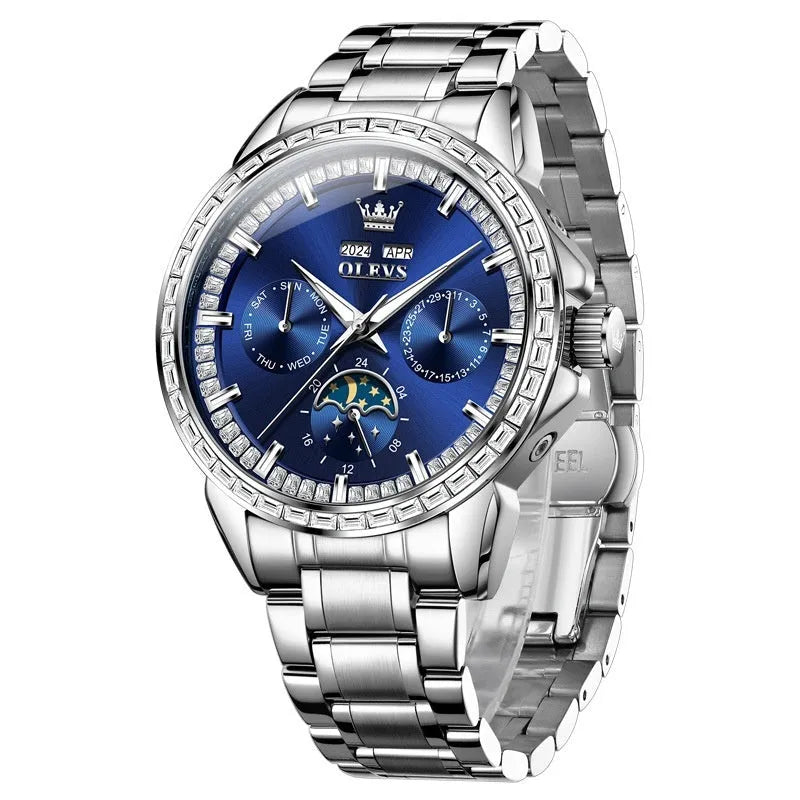 Men's diamond-embedded automatic watch with stainless steel bracelet and transparent case back.