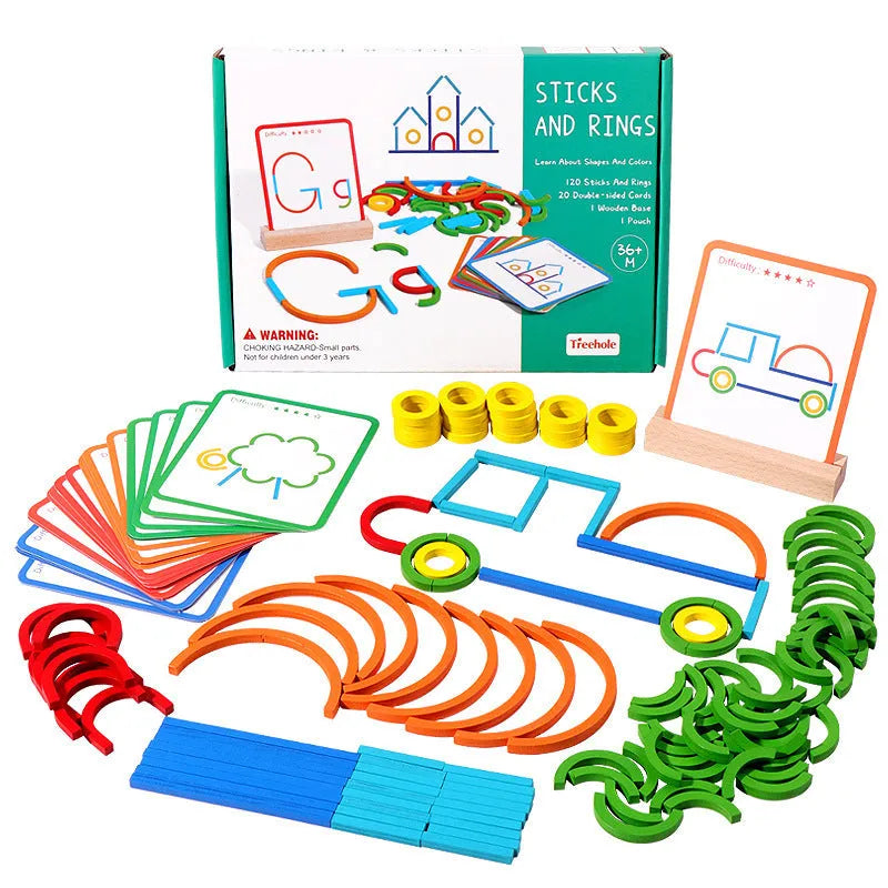 Wooden children's logical thinking puzzle board with stick and ring design, 23 x 16.8 x 3.5 cm, in colour box