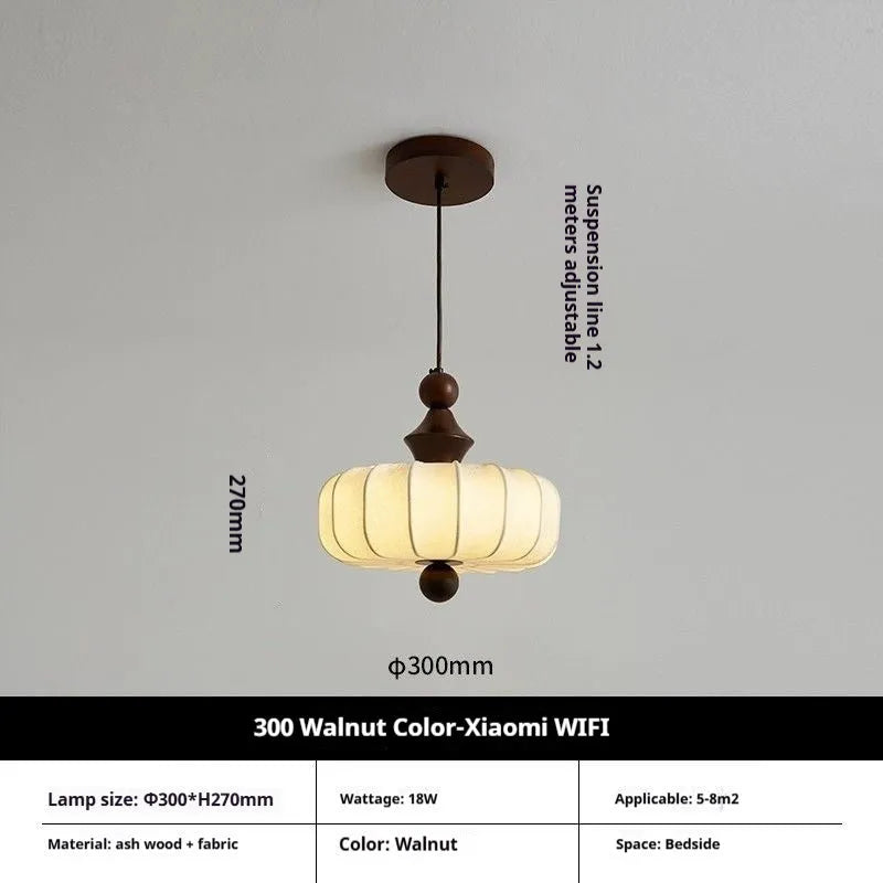 Mid-ancient French retro fabric ceiling lamp with ash wood frame in walnut colour on a ceiling