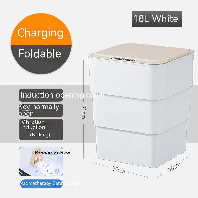 White automatic smart trash can with sensor lid on a kitchen floor.