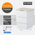 White automatic smart trash can with sensor lid on a kitchen floor.