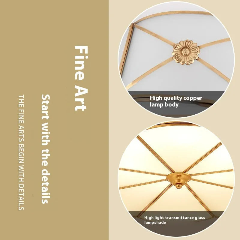 Household copper LED ceiling lamp with simple American design, 45cm diameter, for bedroom or study