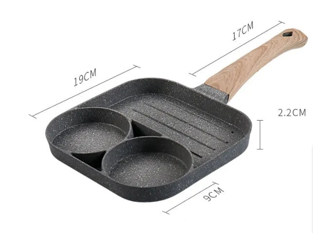 Aluminium four-hole non-stick frying pan with bakelite handle, silicone spatula, and oil brush