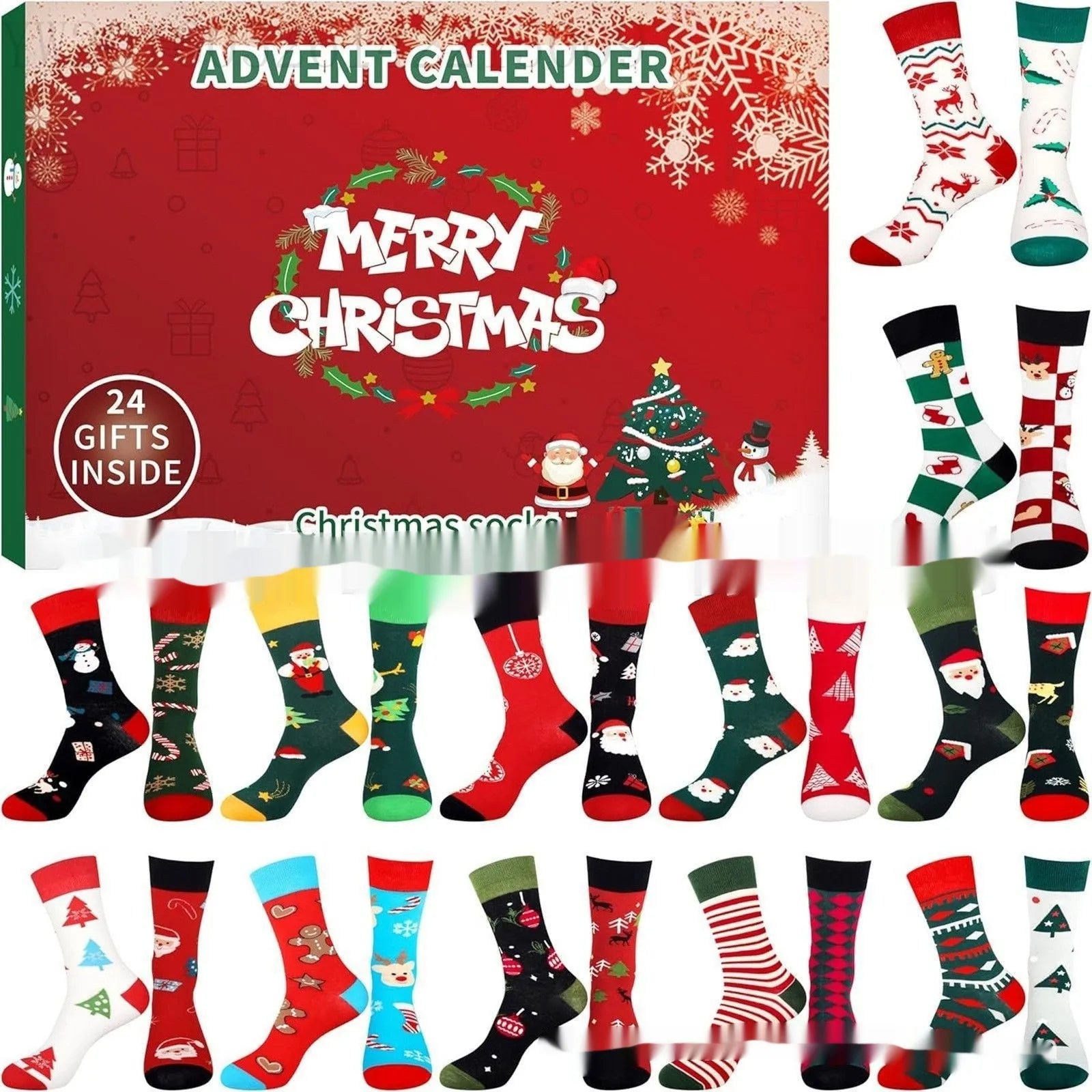 Set of seven colourful miniature Christmas sock ornaments from a blind box collection.