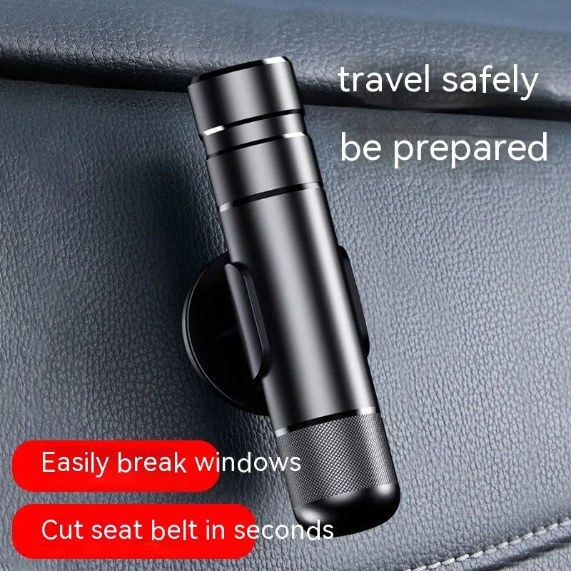 Aluminium alloy car safety hammer with seatbelt cutter in black, showing 20mm by 88mm size.