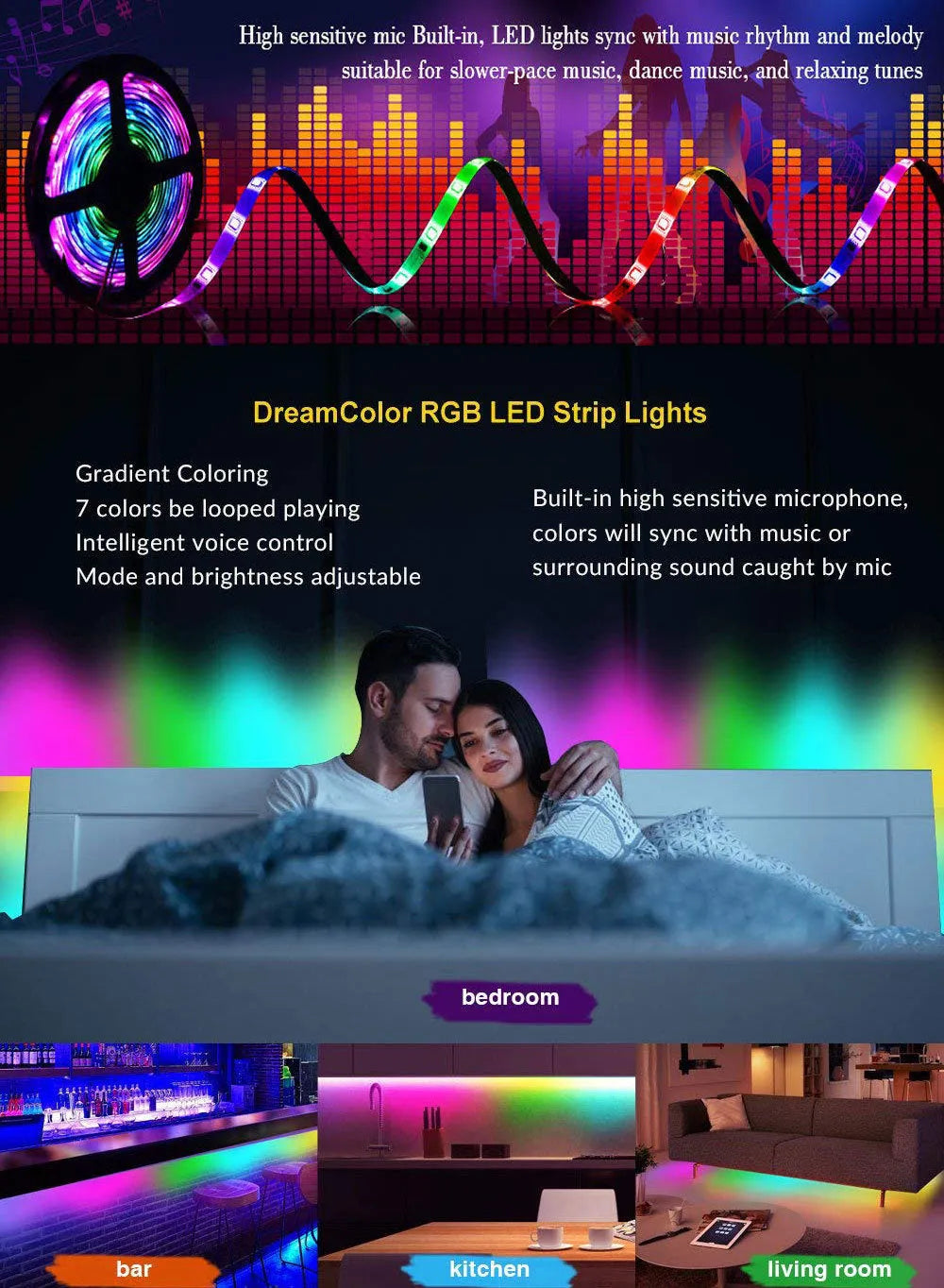 5050 LED light strip music set with controller and power supply, 5m or 10m, 28 colour changes, 12V DC