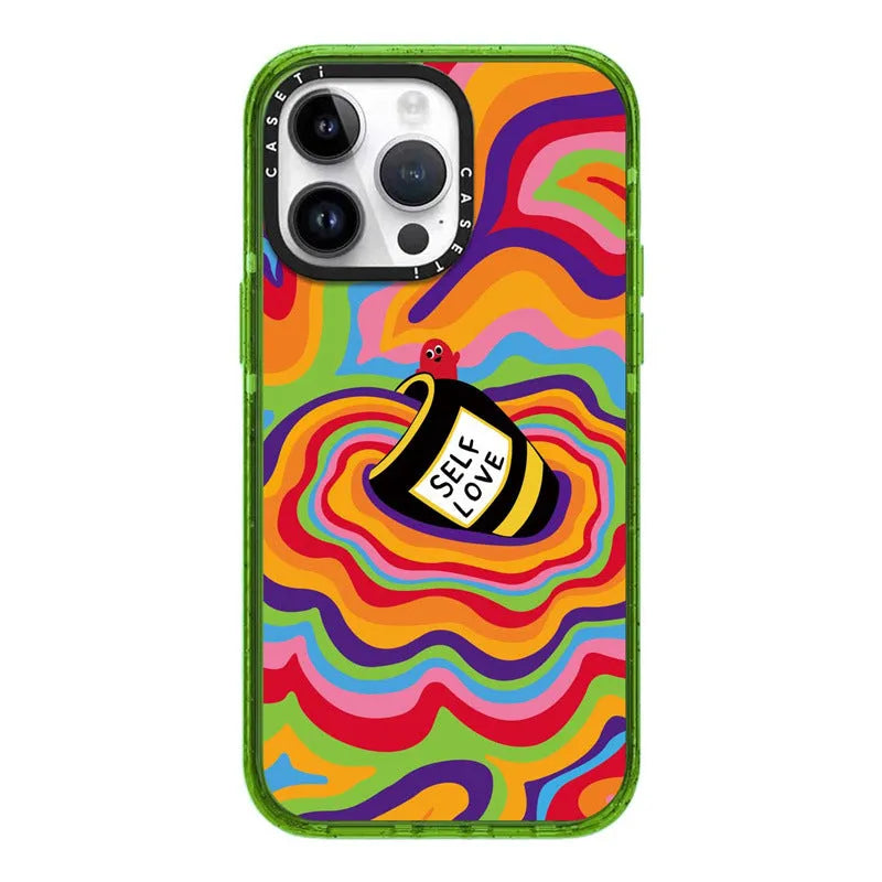 Green Love Yourself More glitter acrylic hard phone case for Apple iPhone models 11 to 15 Pro Max