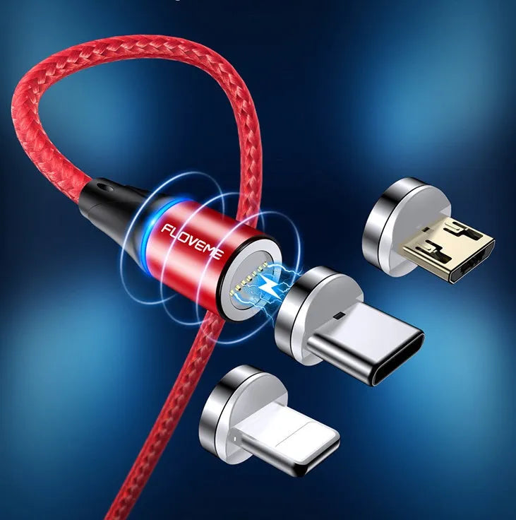 Magnetic USB-C fast charging data cable with side indicator light in black, red, or silver