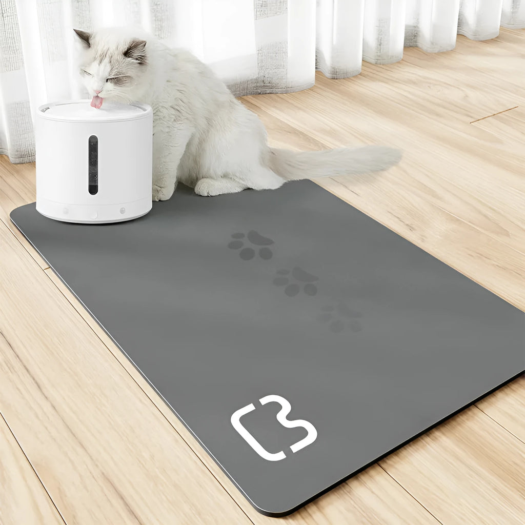 Pet feeding mat with non-slip backing in a dog paw print design on a hardwood floor.