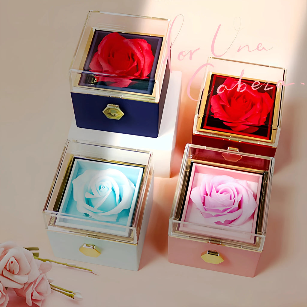 Rotating drawer jewellery gift box with preserved red rose under clear acrylic dome.