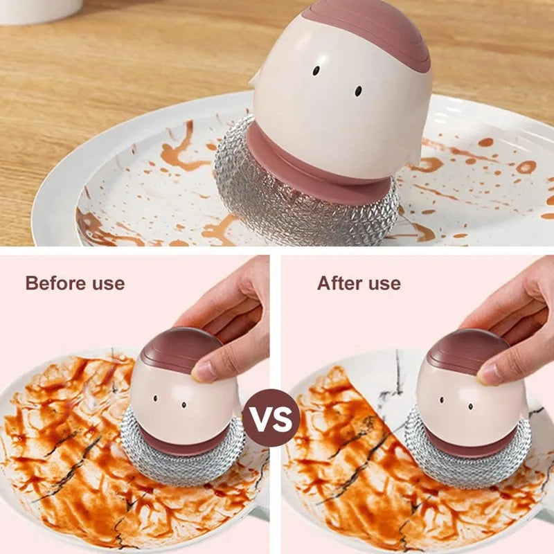 Automatic liquid filling dishwashing brush shaped like a chicken, in Bean Red, with ergonomic handle and wall mount