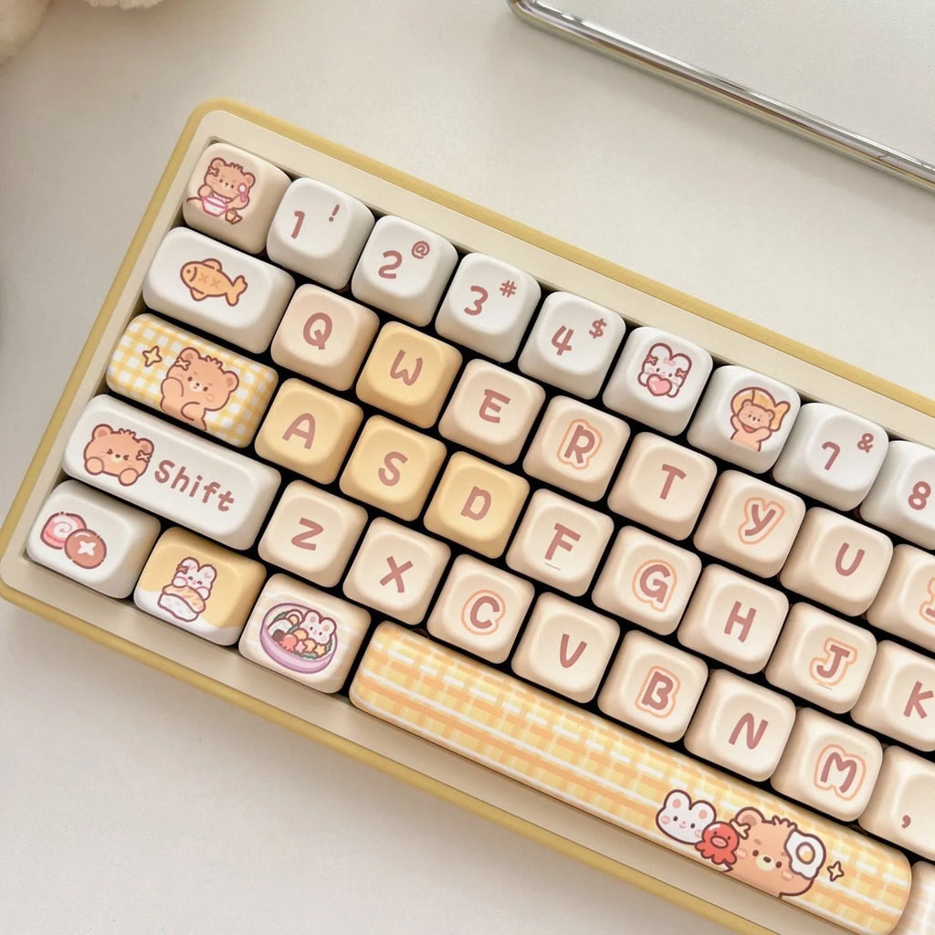 Rabbit Bear Restaurant cartoon themed PBT keycap set in EOA height profile, 140 pieces.